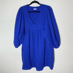 Tribal Jeans Vibrant Blue Cotton Long Sleeve V Neck Dress L